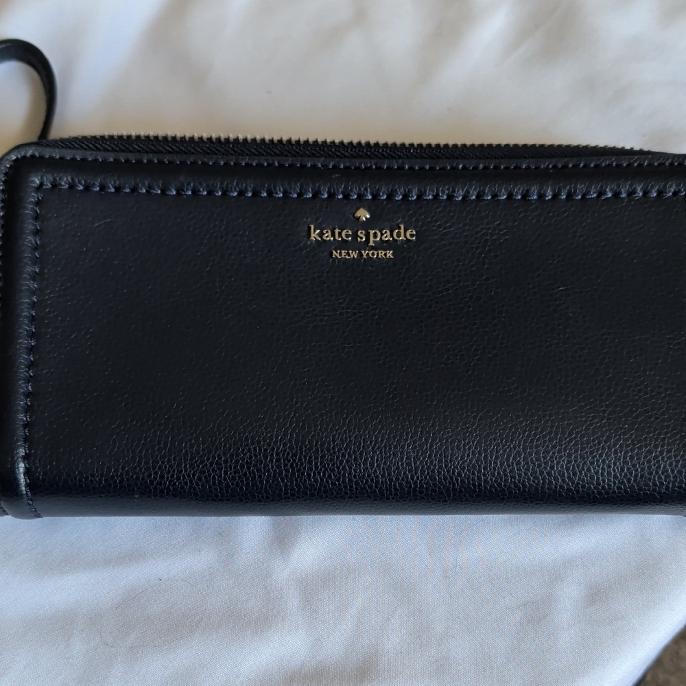 kate spade Black Leather Zip-Around Wallet with Gold Logo